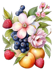 Moody Whimsy: Watercolor Flower Cluster with Mixed Fruits, Isolated