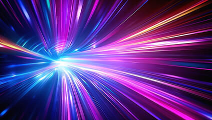 Fototapeta premium Colorful neon light burst of energy. Abstract motion in a futuristic tunnel, illustrating speed and acceleration with vibrant blue and pink illumination