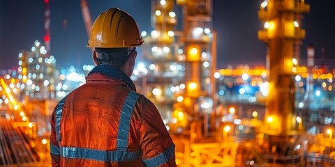 A Skilled Worker Overlooks the Nighttime Operations of a Bustling Petrochemical Plant, Generative AI