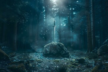 Miraculous sword Excalibur emerges from stone in mystical forest under celestial glow. Concept Mystical Forest, Excalibur Sword, Celestial Glow, Legendary Stone, Magical Emergence - obrazy, fototapety, plakaty
