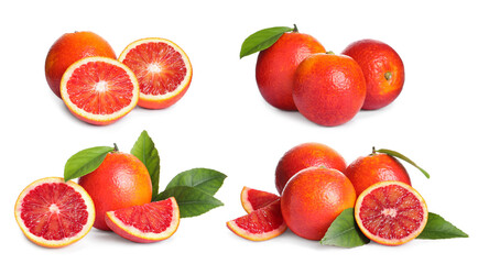 Ripe red oranges isolated on white, set