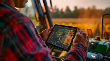 Close-up of a farmer outdoors at dusk, examining detailed yield data on a tablet with a tractor in the background..