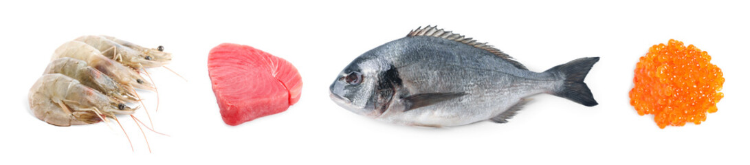 Dorado fish, shrimps, piece of raw tuna and red caviar isolated on white, set