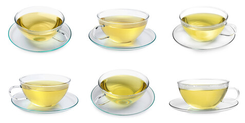 Green tea in glass cups isolated on white, set