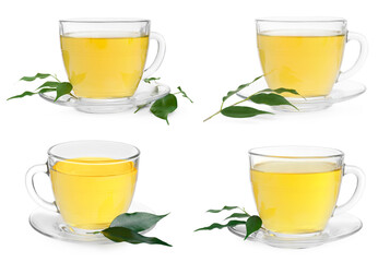 Green tea in glass cups and leaves isolated on white, set