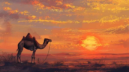 Selbstklebende Fototapeten Beautiful camel on desert at sunset © usman