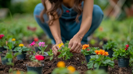 Fototapeta premium gros plan sur les mains d'une femme en train de faire des plantations dans son jardin