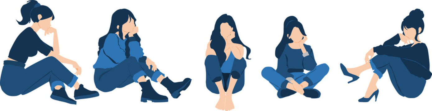 足を抱えて悩む女性たちのイラスト