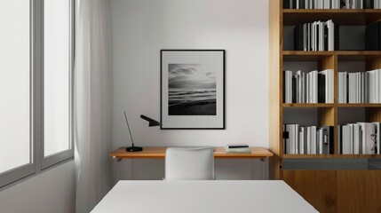 Minimalist Home Office with Wooden Bookshelf, White Desk, and Framed Photograph
