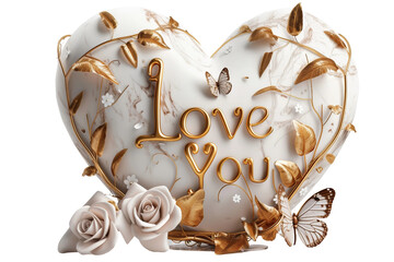 Modern Heart Sculpture: 'Love You' Engraved - Rose Flowers and Butterflies - Transparent Background