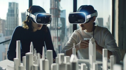Future architecture and technology concept. Couple of architects wearing virtual reality goggles in office.