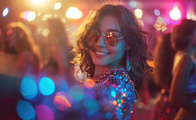 female 80s dancer selfie at disco in sequined outfit