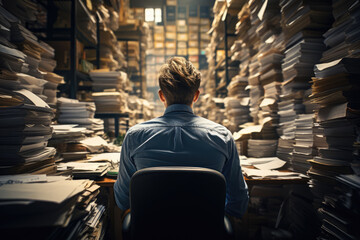 Exhausted man in the office full of folders and work ,back view.	
 - obrazy, fototapety, plakaty