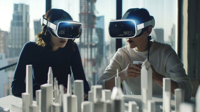 Future architecture and technology concept. Couple of architects wearing virtual reality goggles in office.
