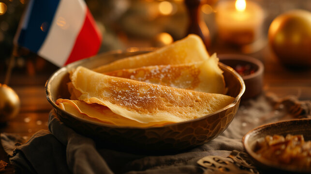 French crepes in a festive setting with a French flag, ideal for celebrating La Chandeleur or a themed culinary event. Holiday concept. - Powered by Adobe