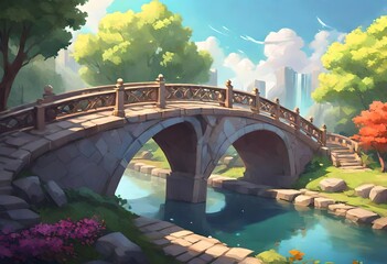 A bridge over the river behind which the sky, trees and clouds are clearly visible - obrazy, fototapety, plakaty