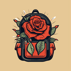 classic red rose on a school backpack yellow background