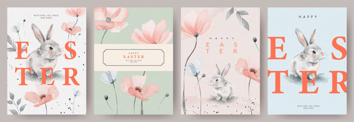 Happy Easter watercolor cards set with cute Easter rabbit, egg and spring flowers in pastel colors in light peach, soft pink, grey on white background. Isolated Easter watercolor decor elements