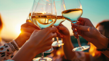 Group of friends clinking glasses with white wine at sunset, close up