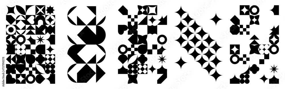 Poster geometric bauhaus style. set of seamless patterns. swiss design aesthetic. black abstract isolated b