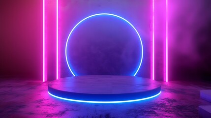 Obraz premium Neon premium product display podium on neon colorful background