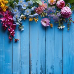 Garden flowers over blue wooden table background. Backdrop with copy space.