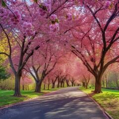 Ornamental garden with majestically blossoming large cherry trees on a fresh green lawn