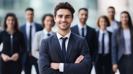 Happy young male business leader standing in front of her team - obrazy, fototapety, plakaty