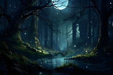 Whimsical moonlit forest, where shadows dance under the gentle lunar beams.
