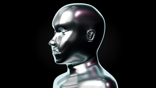 Silver human face isolated on dark background - 3D 4k animation (3840 x 2160 px)