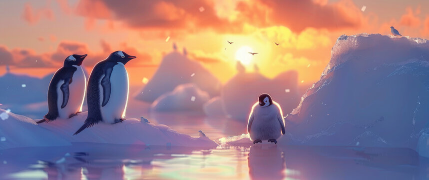 penguins standing on iceberg in polar island,