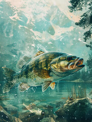 Obraz premium a largemouth bass swimming near a alaska winter landscape