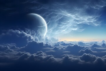Mysterious half-moon shrouded in wispy clouds, evoking an air of mystique.
 - obrazy, fototapety, plakaty
