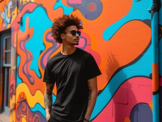 Portrait of a man with black skin and long curly hair posing in front of graffiti wearing a mockup of black clothes. Man wearing a black mockup shirt. Created with Generative AI.