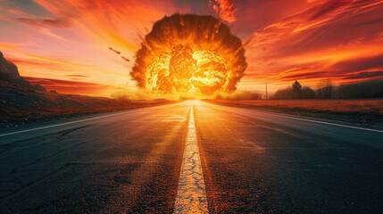Conceptual image of atomic explosion on the road at sunset . - obrazy, fototapety, plakaty