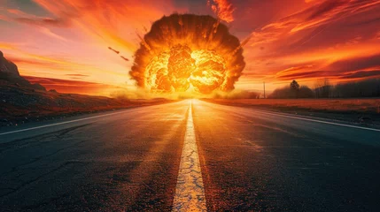Fotobehang Conceptual image of atomic explosion on the road at sunset . © Art AI Gallery