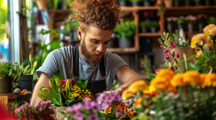 Local business. Florist's shop. Young owner standing in his workshop, working on colorful flowers bouquet