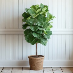 Fiddle Fig or Ficus Lyrata plant with green leaves in pot near white