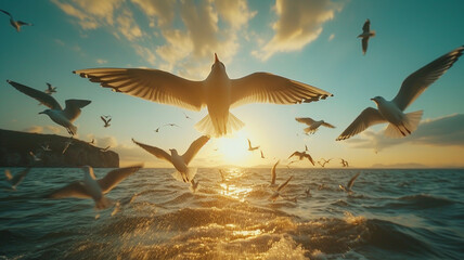 A flock of seagulls in synchronized flight over a coastal landscape - obrazy, fototapety, plakaty
