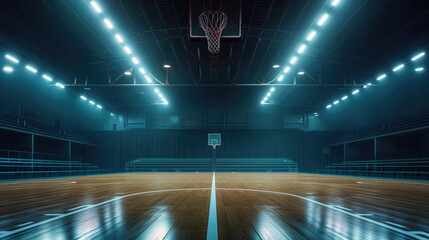 Basketball court at night with lights and shadow on the ground in fog. - obrazy, fototapety, plakaty