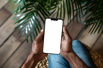 PNG. smartphone, screen in hands 40 year old man. gentleman, medium dark skin, interior, top view, mockup. transparent png