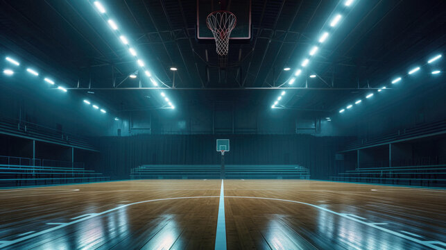 Basketball court at night with lights and shadow on the ground in fog.