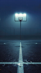 Basketball court in a foggy night.  Rendering - obrazy, fototapety, plakaty