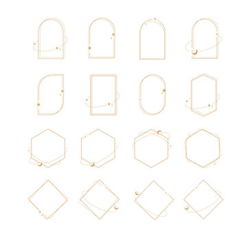 Modern minimalist aesthetic line elements, trendy linear frames with stars, geometric forms. Arch frame with sparkles for social media or poster design, simple decorative boho style border vector set