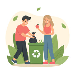 Family recycle organic garbage, collecting waste, throw trash garbage bag into a street bin container with recycling sign. .
