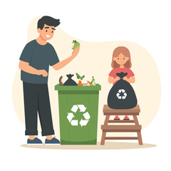 Family sorting organic garbage into a trash container. Dad and daughter recycle garbage, collecting waste, girl tying a trash bag