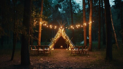 Festive string lights illumination on boho tipi arch decor on outdoor wedding ceremony venue in pine forest at night.
 - Powered by Adobe