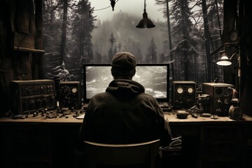 A man watches the monitor screens of a video surveillance system in a secret base in the forest, a dark atmosphere