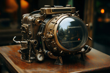 retro mechanical camera or hybrid measuring device, close-up of an object, steampunk-style concept - obrazy, fototapety, plakaty