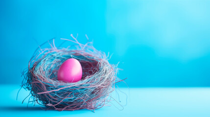 Bright pink Easter egg in a nest, side view, empty blue space. Happy Easter composition. Easter painted egg. Minimal Easter concept